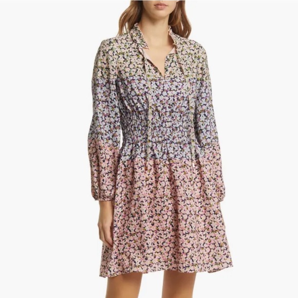 NEW Vince Camuto Floral Colorblock Smocked Waist Long Sleeve Dress Size 18 - Picture 2 of 9